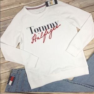 Tommy Hilfiger White Sweatshirt Blue and Red Large Logo Front